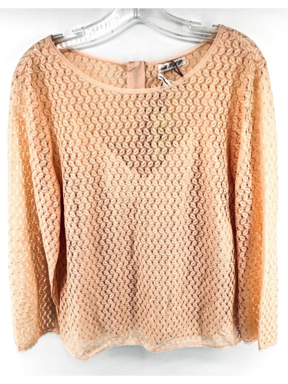 M.S.S.P. Emma Lace Top XL Light Peach Sheer Long Sleeve Keyhole Blouse NWT $78
